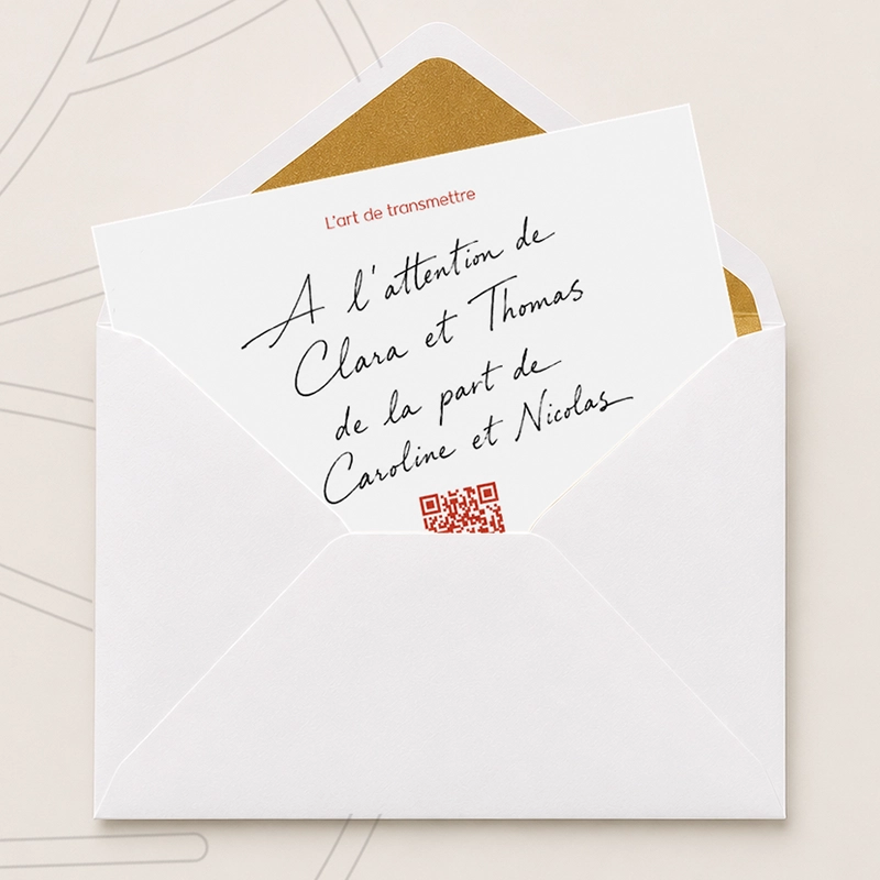 Carte-cadeau Belfeuil manuscrite glissée dans une enveloppe doublée d'or.